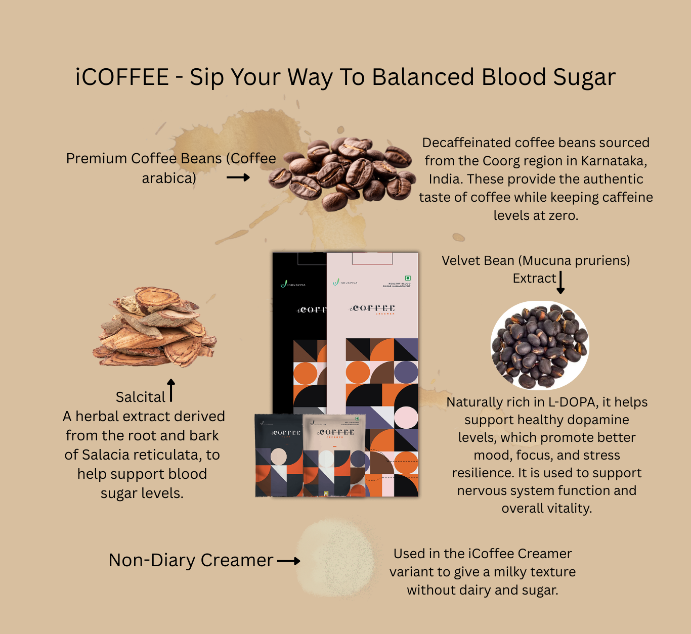 iCOFFEE product details with coffee beans, packaging, and text on a beige background